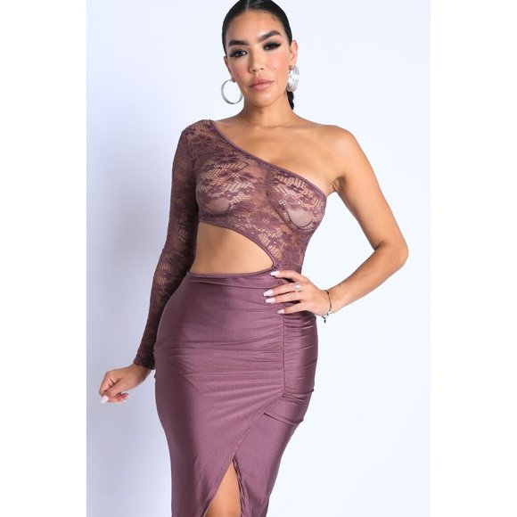 Boutique Dresses & Skirts - Women's Sexy Asymmetric Cut Out One Sleeve Wrap Midi Dress Dust Mauve S M L